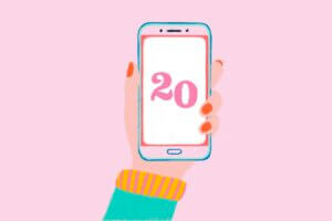 Illustration of a hand holding a phone with the number 20 on it
