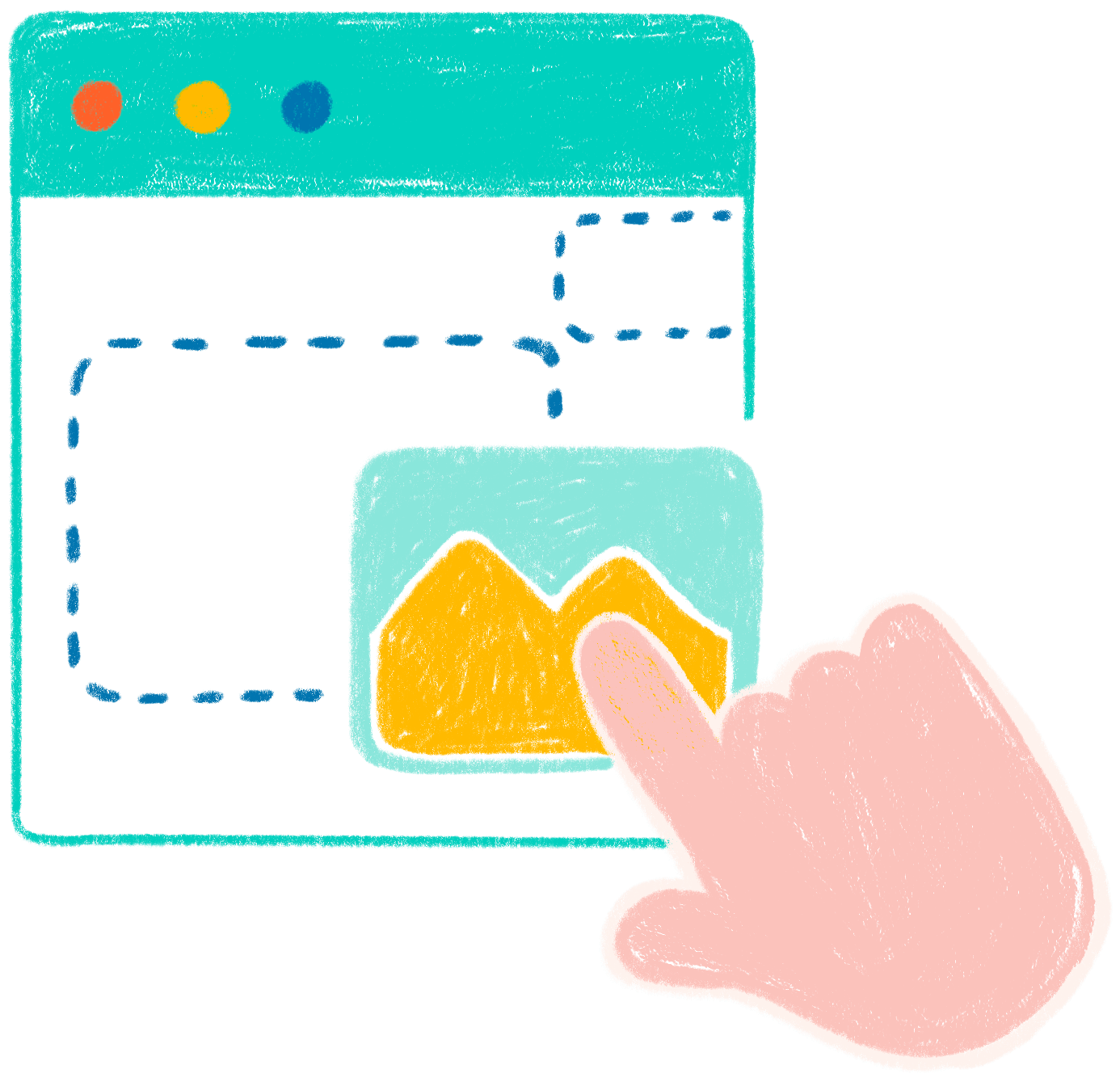 Hand drawn illustration of a hand placing a picture inside a template