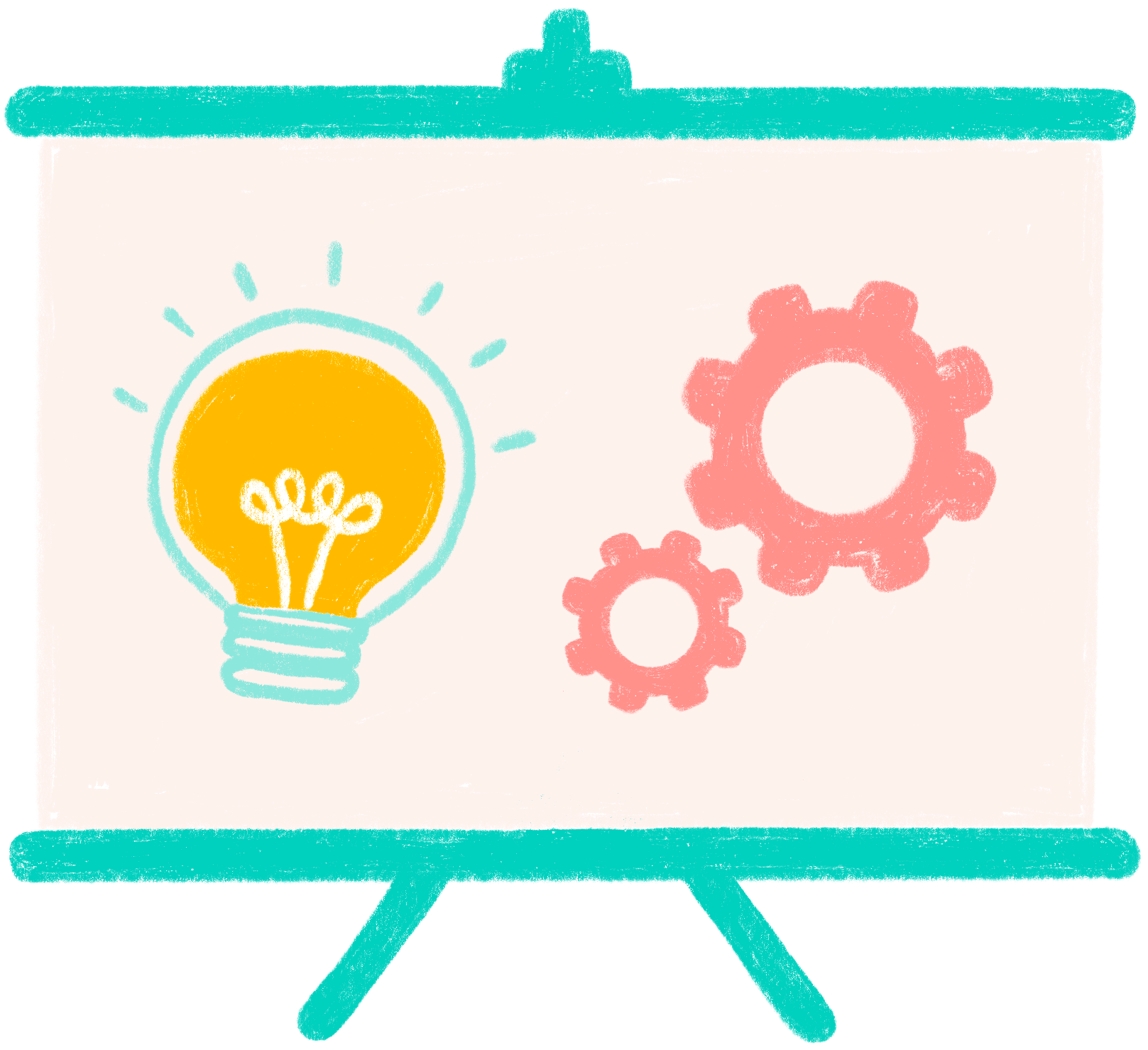 Hand drawn illustration of a presentation sheet with a light bulb, representing ideas, and a gear, illustrating how-to tutorials.